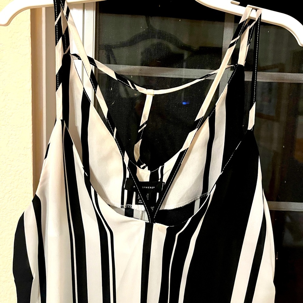 Primark black and white vertical stripe silk spaghetti strap top US 12